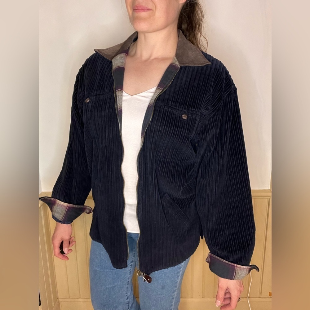 Denim & Co Vintage Corduroy Barn Coat Chore Jacket Navy Plaid Suede Collar Sz M - Picture 2 of 12
